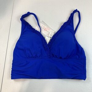 Mimi Flamingo Women's Swim Bikini Top 4 Bandeau Blue Lettuce Ruffle Trim V Neck